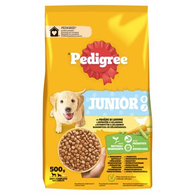 HRANA USCATA CU PUI SI LEGUME PENTRU CAINI JUNIORI M/L PEDIGREE 500G
