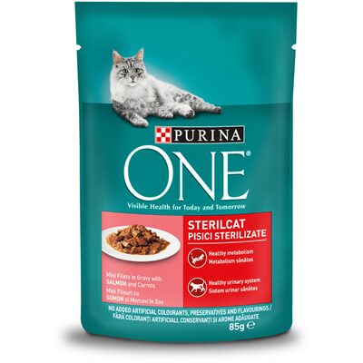 HRANA UMEDA PENTRU PISICI STERILE CU SOMON SI MORCOV IN SOS PURINA ONE 85G